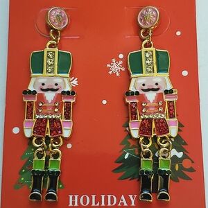 Rhinestone Dangle Red Green Christmas Holiday Nutcracker Earrings